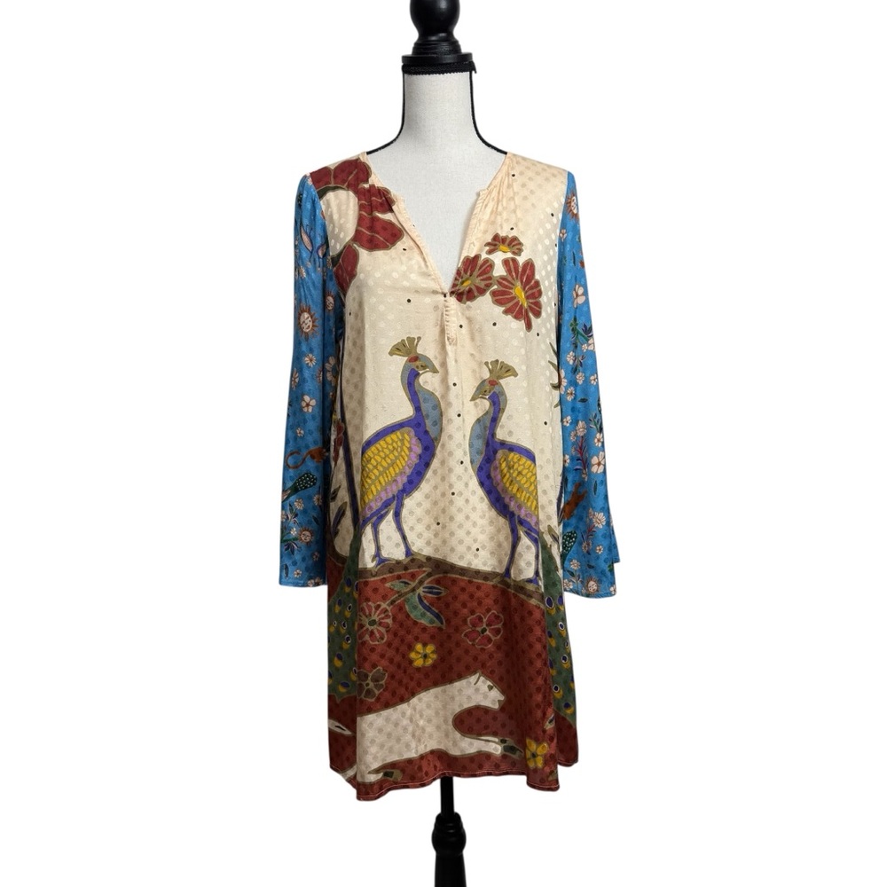 Carolina K Colorful Peacock Print Tunic Dress Art to Wear Art deco - Picture 2 of 16